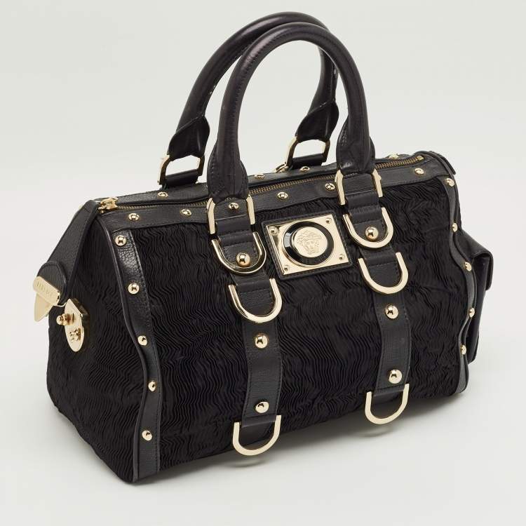 Pre Owned Versace Black Satin and Leather Plisse Snap Out Of It Satchel