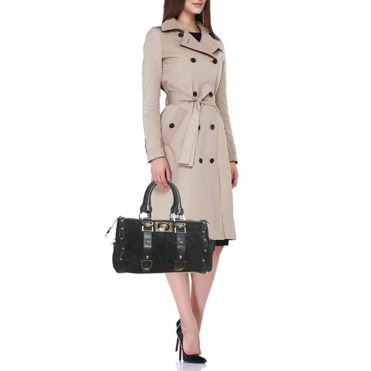 Pre Owned Versace Black Satin and Leather Plisse Snap Out Of It Satchel