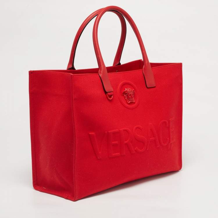 Pre Owned Versace Red Canvas and Leather La Medusa Logo Shopper Tote