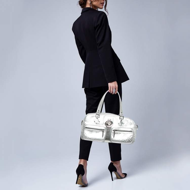 Pre Owned Versace Silver Monogram Embossed Leather Medusa Pocket Satchel