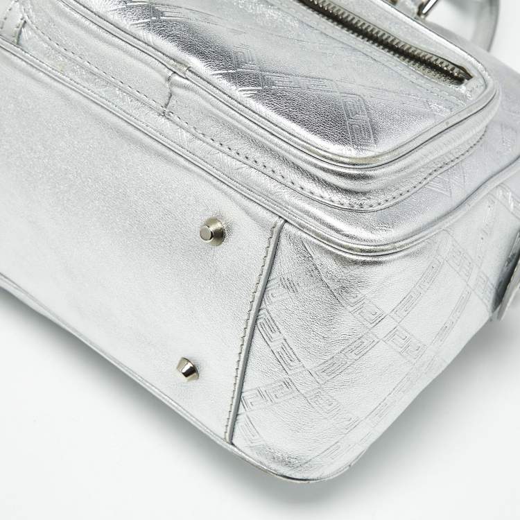 Pre Owned Versace Silver Monogram Embossed Leather Medusa Pocket Satchel