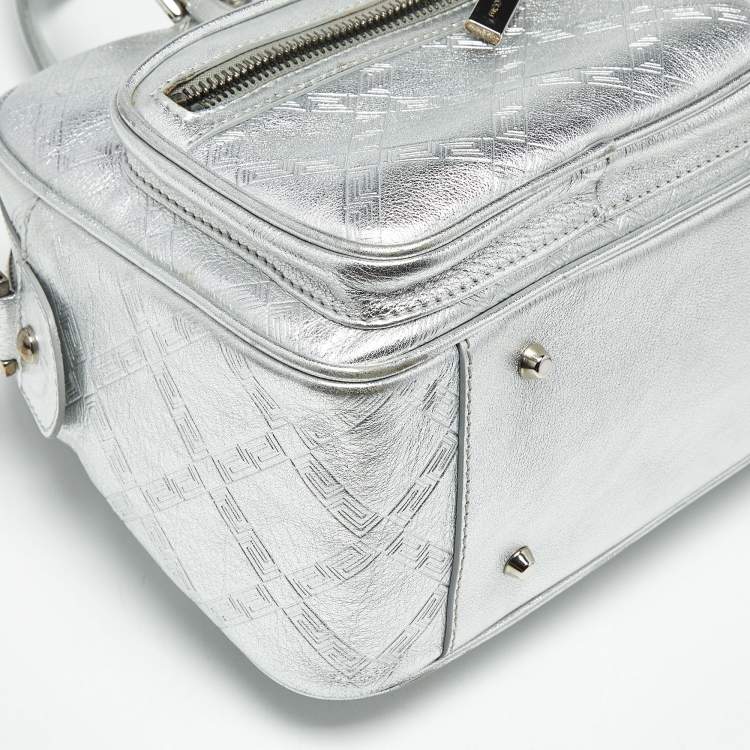 Pre Owned Versace Silver Monogram Embossed Leather Medusa Pocket Satchel