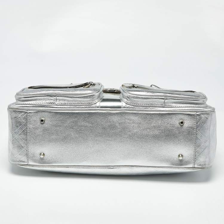 Pre Owned Versace Silver Monogram Embossed Leather Medusa Pocket Satchel