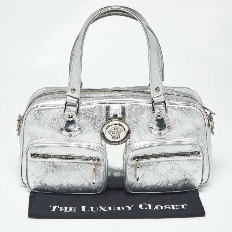 Pre Owned Versace Silver Monogram Embossed Leather Medusa Pocket Satchel