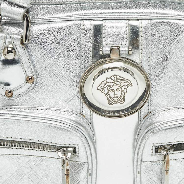 Pre Owned Versace Silver Monogram Embossed Leather Medusa Pocket Satchel