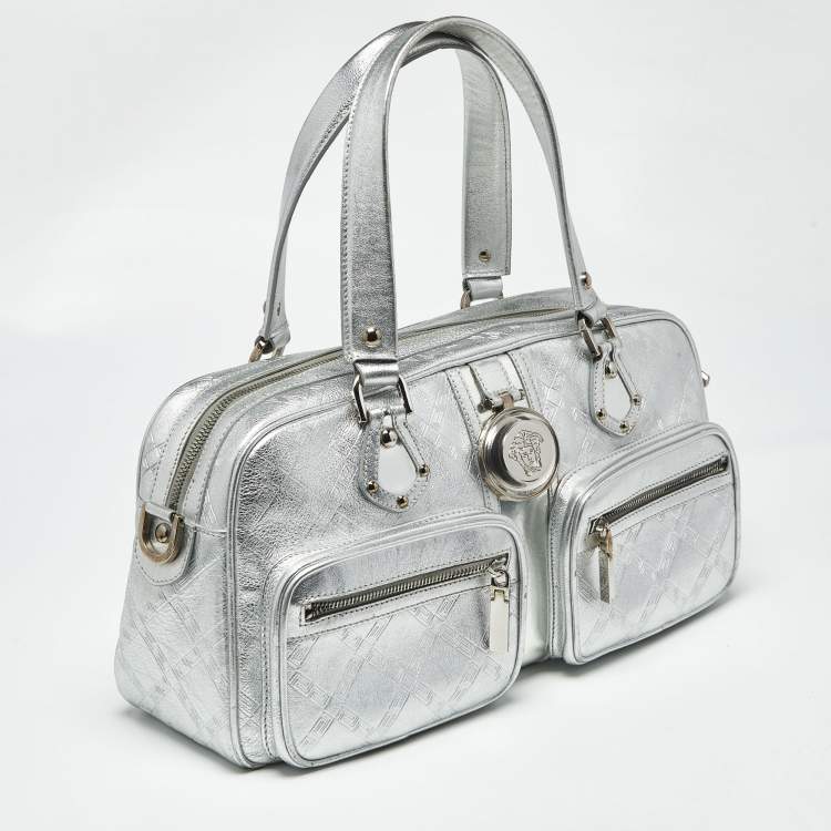 Pre Owned Versace Silver Monogram Embossed Leather Medusa Pocket Satchel