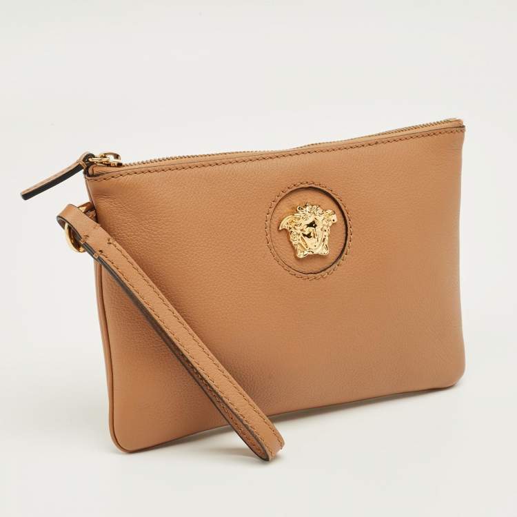 Pre Owned Versace Brown Leather Medusa Wristlet Pouch