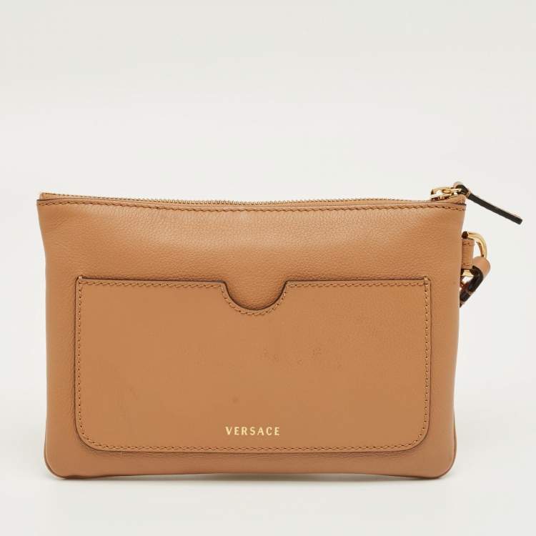 Pre Owned Versace Brown Leather Medusa Wristlet Pouch