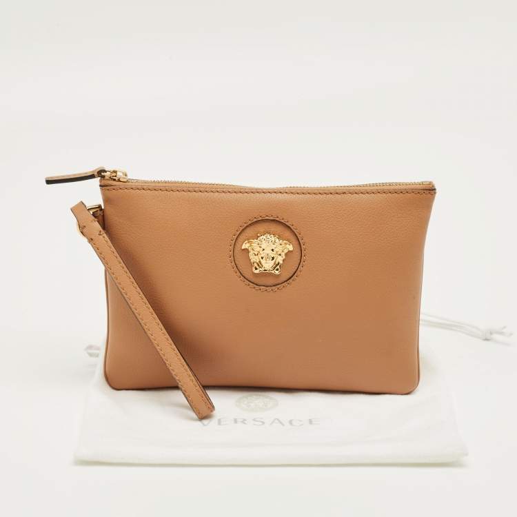 Pre Owned Versace Brown Leather Medusa Wristlet Pouch