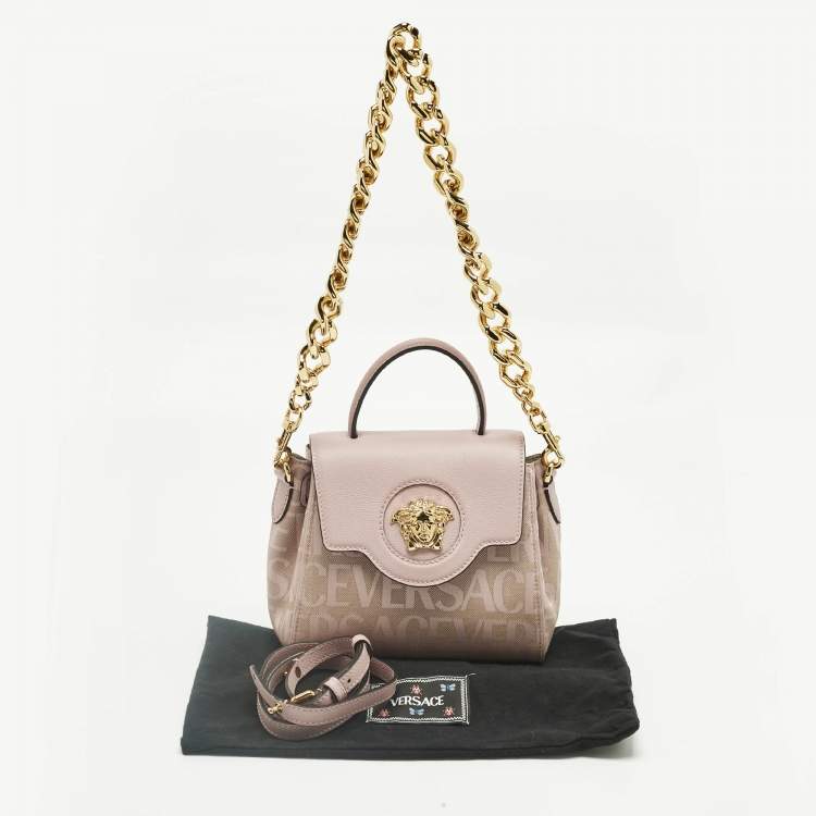 Pre Owned Versace Lilac Jacquard Canvas and Leather Small La Medusa Top Handle Bag