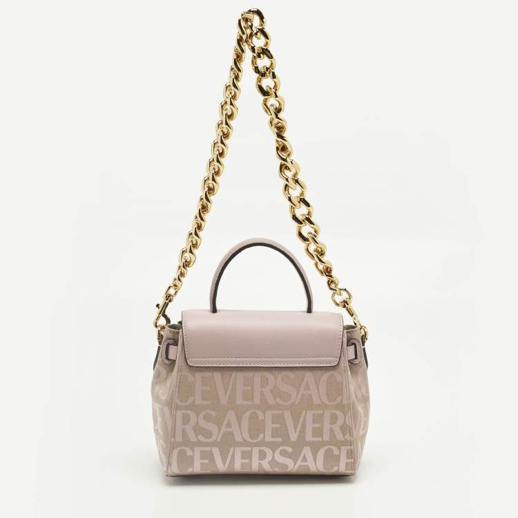 Pre Owned Versace Lilac Jacquard Canvas and Leather Small La Medusa Top Handle Bag