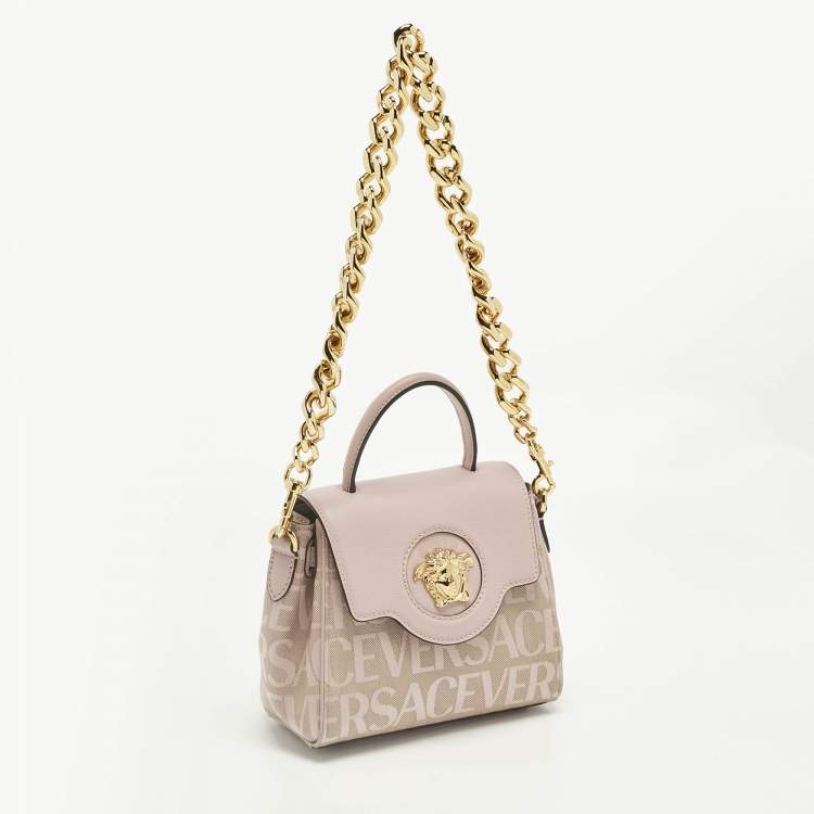Pre Owned Versace Lilac Jacquard Canvas and Leather Small La Medusa Top Handle Bag