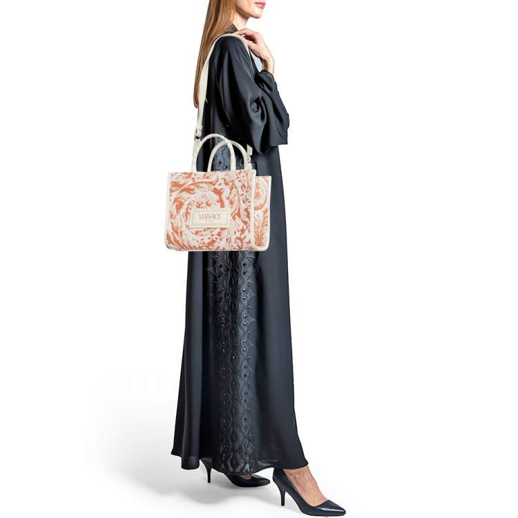 مملوكة مسبقًا Versace Orange/Pink Canvas and Raffia Small Barocco Athena Tote