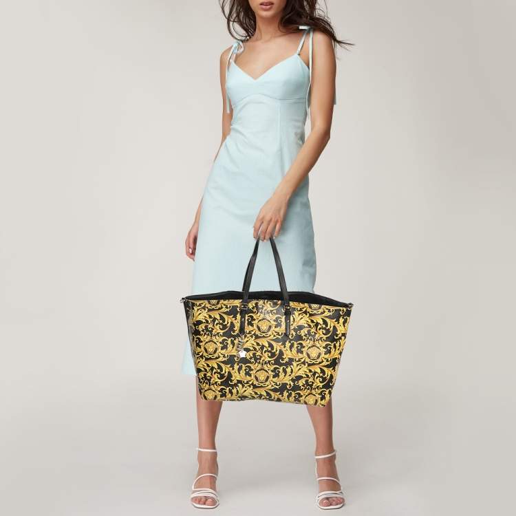 Pre Owned Versace Yellow/Black Barocco Print Coated Canvas Tote
