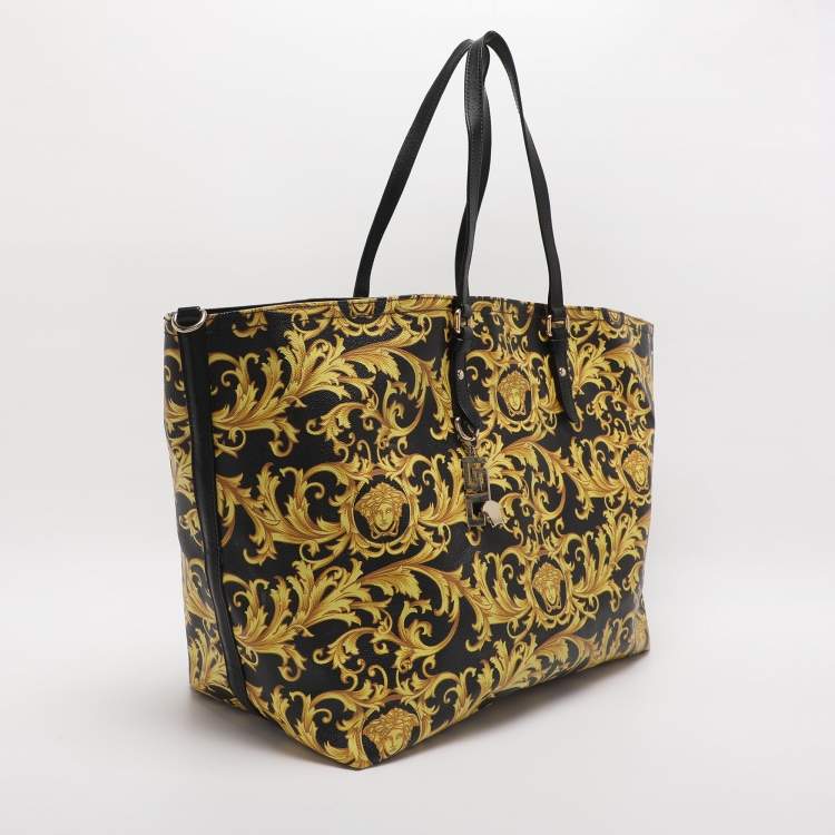Pre Owned Versace Yellow/Black Barocco Print Coated Canvas Tote