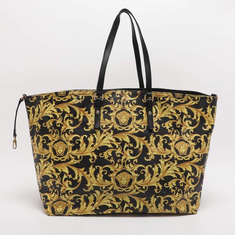 Pre Owned Versace Yellow/Black Barocco Print Coated Canvas Tote