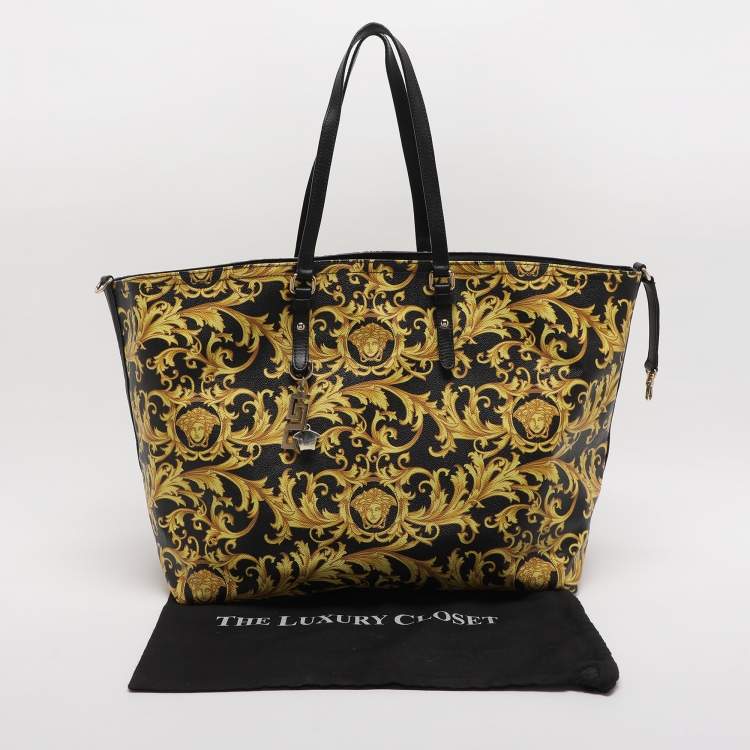 Pre Owned Versace Yellow/Black Barocco Print Coated Canvas Tote