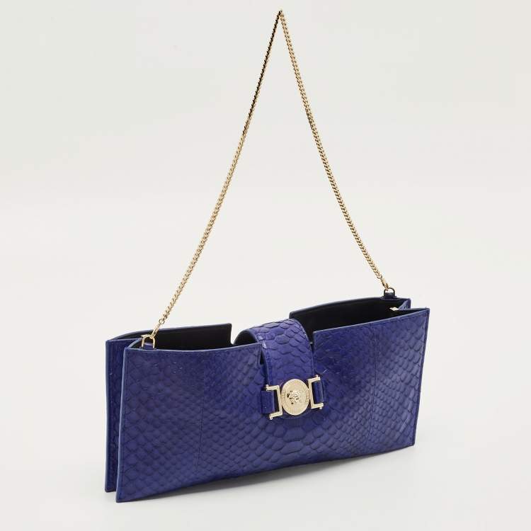 Pre Owned Versace Medusa Blue Python Chain Clutch