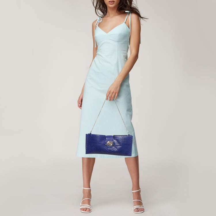 Pre Owned Versace Medusa Blue Python Chain Clutch