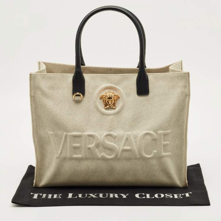 Pre Owned Versace La Medusa Beige/Black Canvas Tote