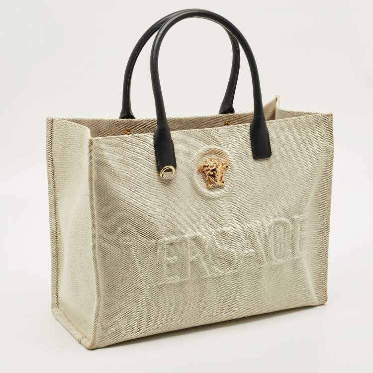 Pre Owned Versace La Medusa Beige/Black Canvas Tote