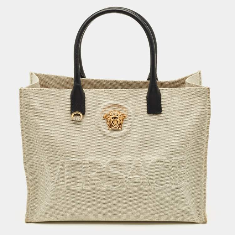 Pre Owned Versace La Medusa Beige/Black Canvas Tote