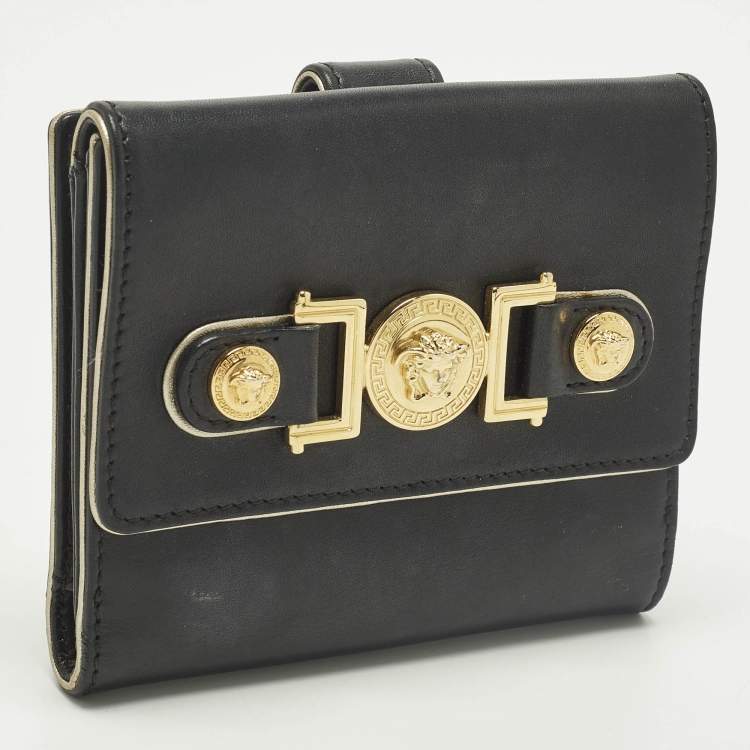 Pre Owned Versace Medusa Black Leather French Wallet