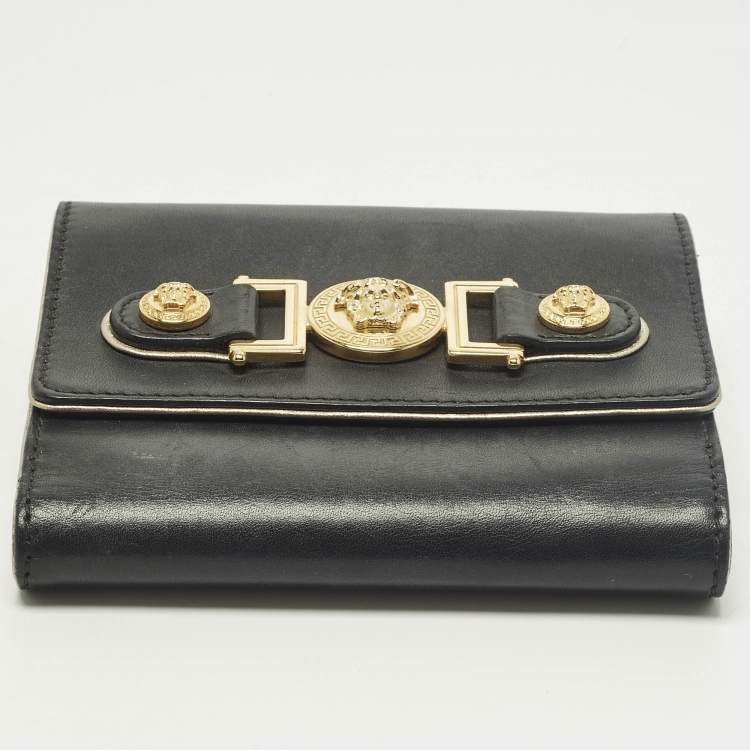 Pre Owned Versace Medusa Black Leather French Wallet