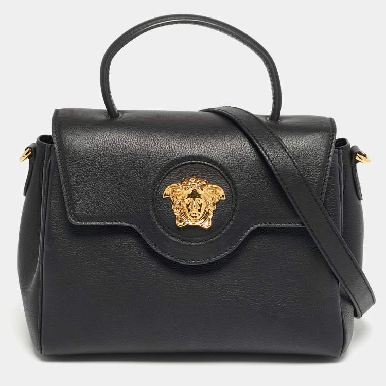 مملوكة مسبقًا Versace La Medusa Black Leather Flap Top Handle Bag