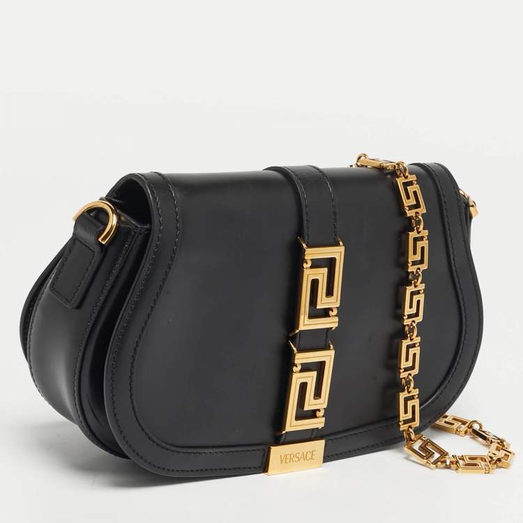 Pre Owned Versace Greca Goddess Black Leather Flap Shoulder Bag