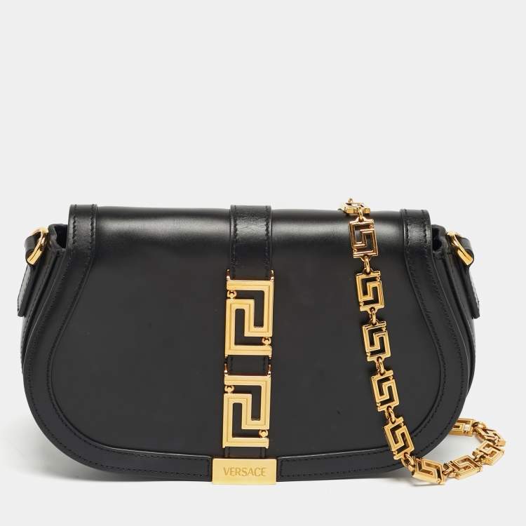 Pre Owned Versace Greca Goddess Black Leather Flap Shoulder Bag