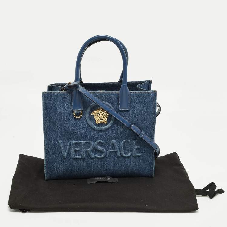 Pre Owned Versace La Medusa Small Blue Denim Tote
