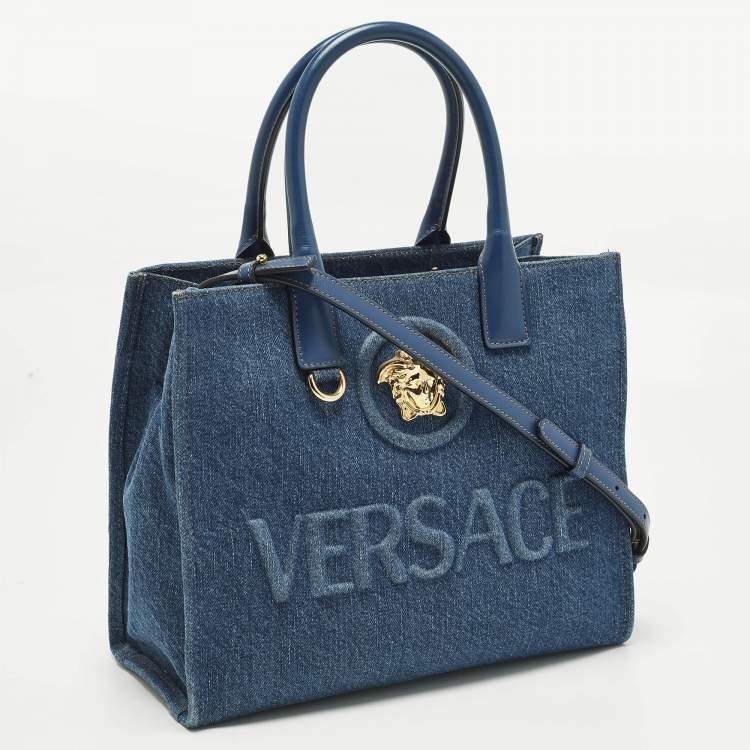 Pre Owned Versace La Medusa Small Blue Denim Tote