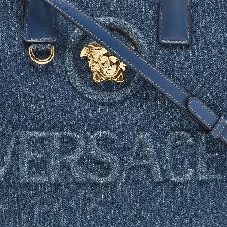 Pre Owned Versace La Medusa Small Blue Denim Tote