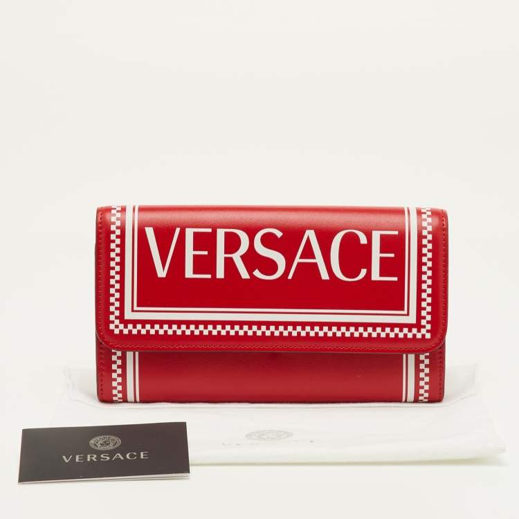 Pre Owned Versace Red/White Leather Logo Flap Continental Wallet