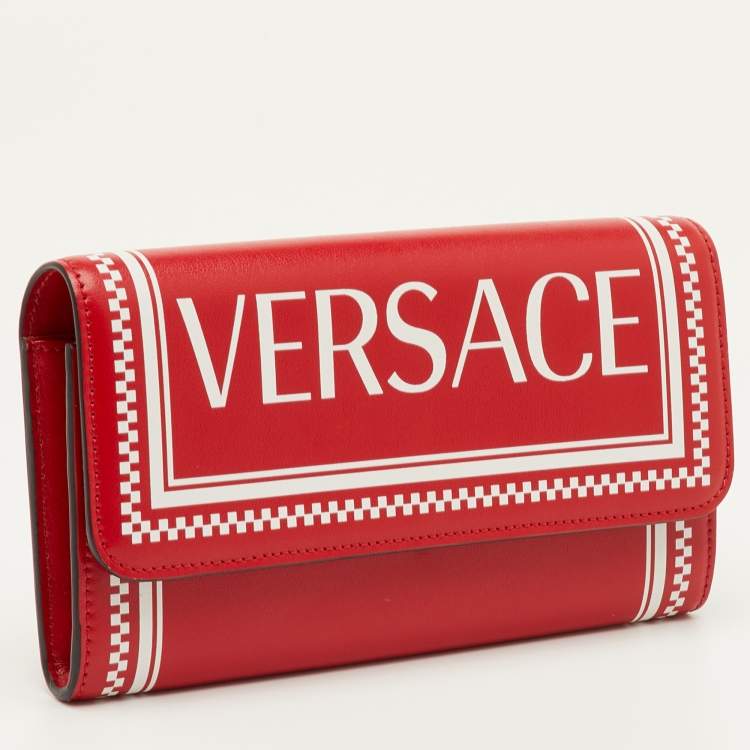 Pre Owned Versace Red/White Leather Logo Flap Continental Wallet