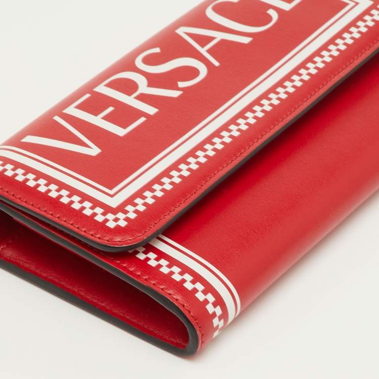 Pre Owned Versace Red/White Leather Logo Flap Continental Wallet