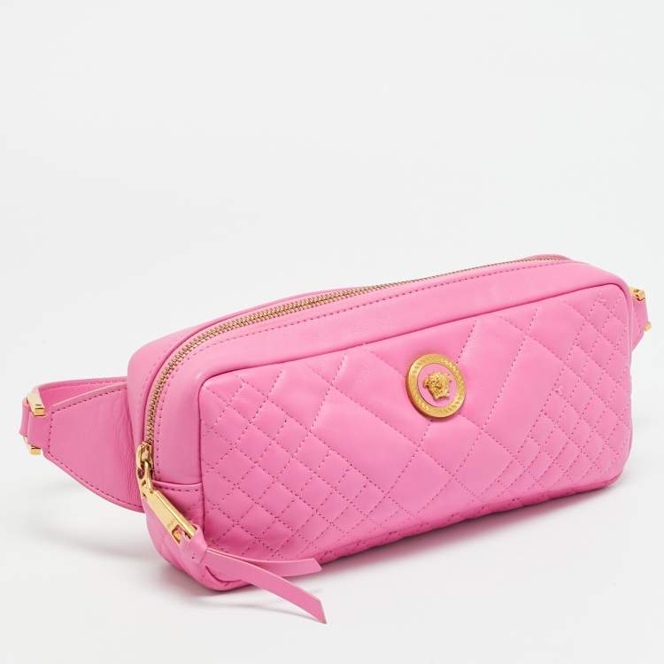 Pre Owned Versace Icon Pink Quilted Leather Medusa Belt Bag