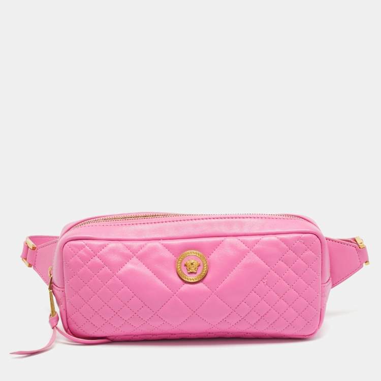 Pre Owned Versace Icon Pink Quilted Leather Medusa Belt Bag
