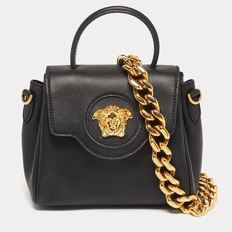Pre Owned Versace La Medusa Black Leather Top Handle Bag