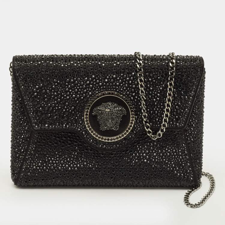 Pre Owned Versace La Medusa Crystals Black Satin Chain Clutch