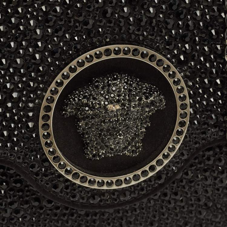 Pre Owned Versace La Medusa Crystals Black Satin Chain Clutch