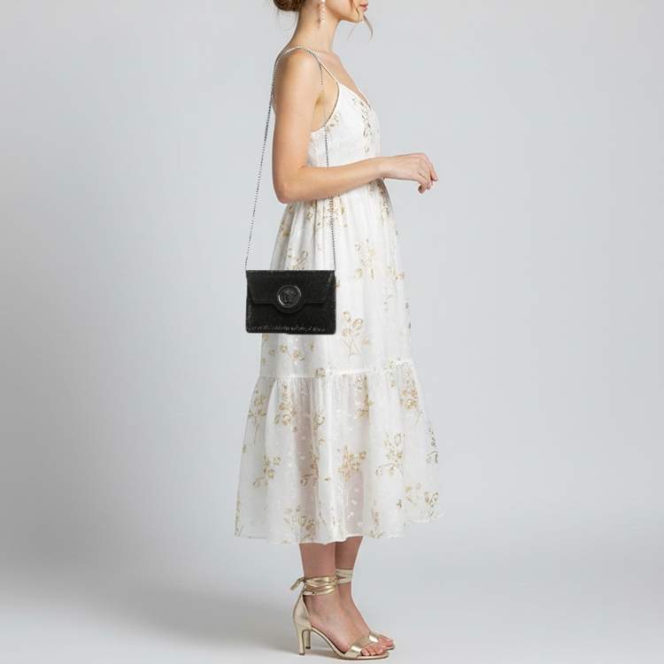 Pre Owned Versace La Medusa Crystals Black Satin Chain Clutch