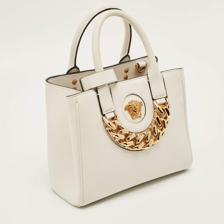 Pre Owned Versace La Medusa Chain White Leather Tote