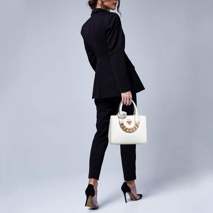 Pre Owned Versace La Medusa Chain White Leather Tote