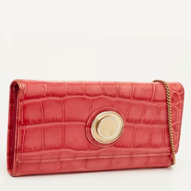 Pre Owned Versace La Medusa Medium Red Croc Embossed Leather Wallet On Chain