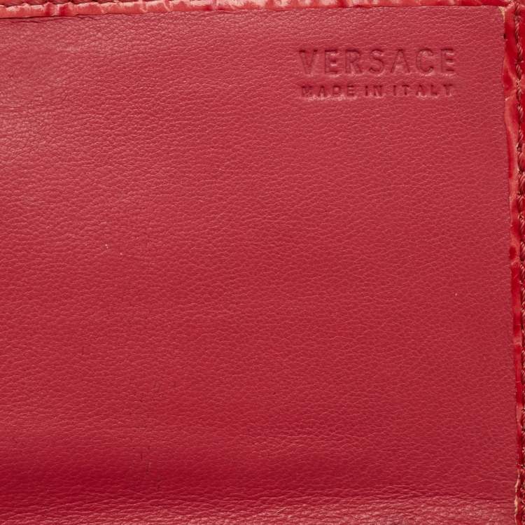 Pre Owned Versace La Medusa Medium Red Croc Embossed Leather Wallet On Chain