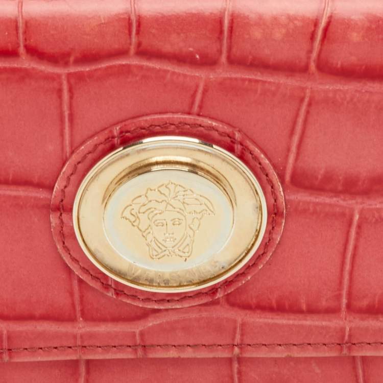 Pre Owned Versace La Medusa Medium Red Croc Embossed Leather Wallet On Chain