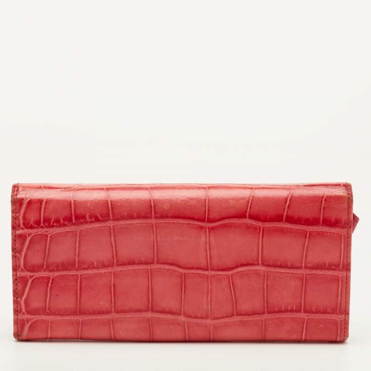 Pre Owned Versace La Medusa Medium Red Croc Embossed Leather Wallet On Chain