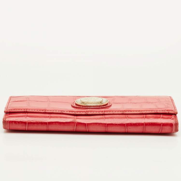 Pre Owned Versace La Medusa Medium Red Croc Embossed Leather Wallet On Chain